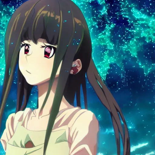 Prompt: an anime girl wearing a dress that looks like earth, mother nature character design, anime key visual