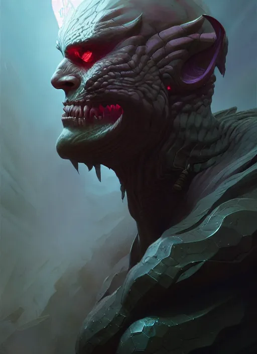 Image similar to fantasy shapeshifter revealing his true nature, dim light, front game card, marvel comics, dark, intricate, highly detailed, smooth, artstation, digital illustration by ruan jia and mandy jurgens and artgerm and wayne barlowe and greg rutkowski and zdislav beksinski