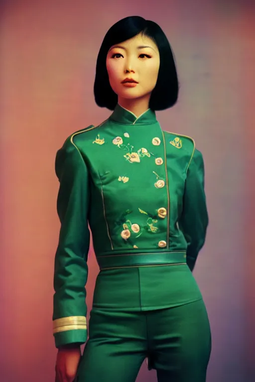 Prompt: ektachrome, 3 5 mm, highly detailed : incredibly realistic, youthful asian demure, perfect features, feminine cut, beautiful three point perspective extreme closeup 3 / 4 portrait photo in style of chiaroscuro style 1 9 7 0 s frontiers in flight suit cosplay vogue fashion edition, prada, nick night, show studio