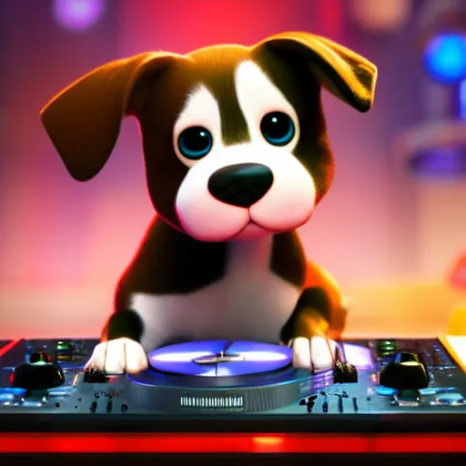 Image similar to puppy as a DJ, 8k, by Pixar