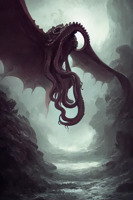 Image similar to cthulhu, wings, digital art, in the style of greg rutkowski, trending on artstation