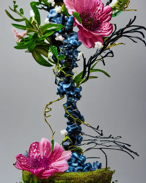 Image similar to lush and detailed, highly beautiful aesthetic award-winning ikebana flower arrangement, blossoms spontaneously shattering and breaking with powder, spray and colored smoke, sigma 35mm f/4