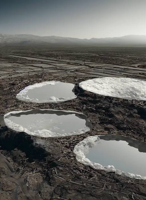 Image similar to bioremediation transparent white architecture, in the mining tailings of chuquicamata, epic, cinematic, hyperealistic, high detailed, corona render, hdr, ray tracing