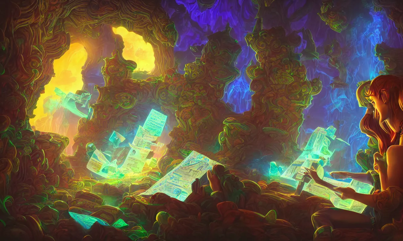 Image similar to large kerberos realm, faked ticket close up, wizard reading a directory, colorful ravine, 3 d art, digital illustration, perfect lighting