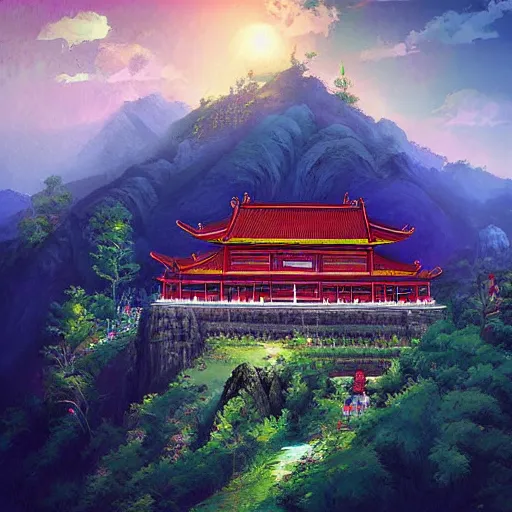 Image similar to chinese buddhist temple on the side of a mountain by anato finnstark, by alena aenami, by john harris, by ross tran, by wlop, by andreas rocha