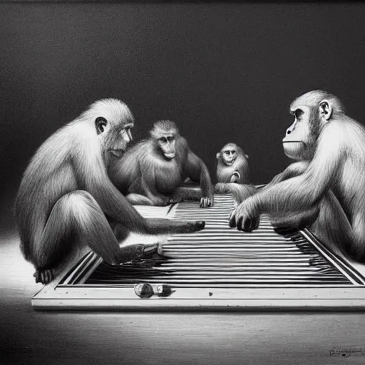 Image similar to A beautiful print of a group of monkeys playing backgammon. The monkeys are seated around a table, with some of them appearing to be deep in concentration while others appear to be playing more casually. by Simon Bisley, by Gabriel Dawe desaturated