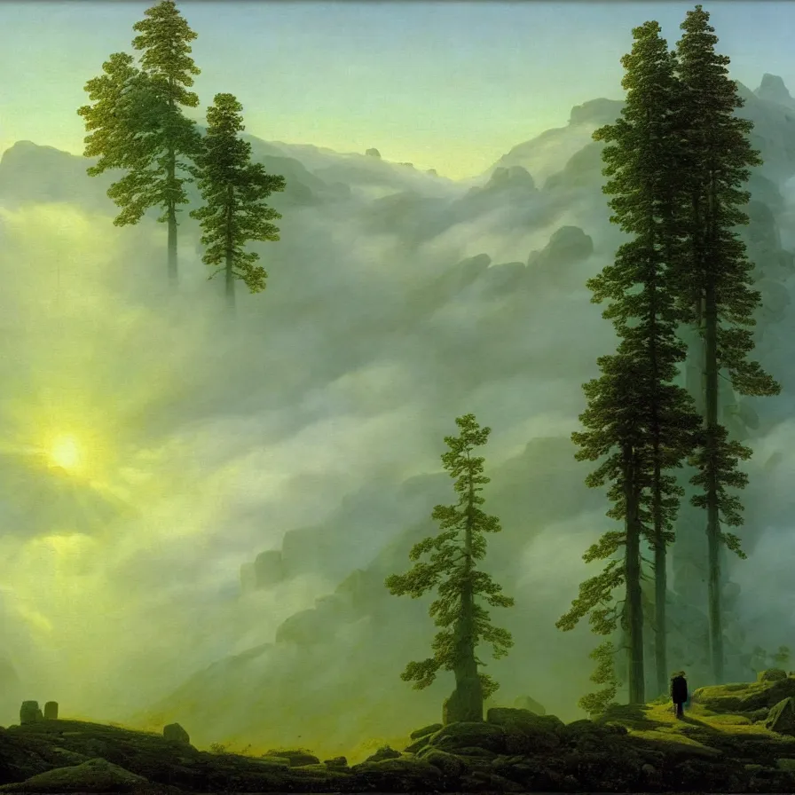 Prompt: highway above the clouds, sharp rocky mountains, giant trees in the sky, colors, misty clouds, sun at dawn, brutalism, painting by caspar david friedrich