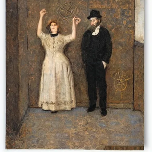 Image similar to gentleman and woman studying a wall full of occult symbols by alfred stevens