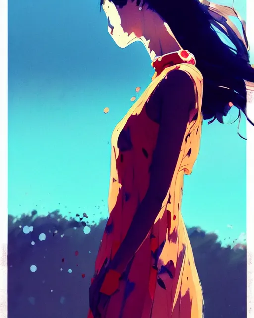 Image similar to close up, captivating, memorable, a ultradetailed beautiful photo of a unique woman wearing a cotton dress standing too too too close, staring at you by conrad roset, greg rutkowski and makoto shinkai trending on artstation