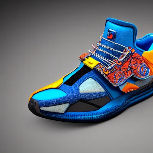 Image similar to Product photo of a new concept sport shoe. Intricate details. Ornamented. Bright colors. Octane render. 8k