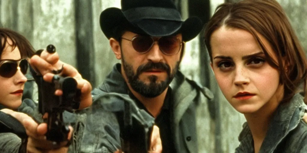 Image similar to Emma Watson and Jean Reno in Leon The Professional holding guns