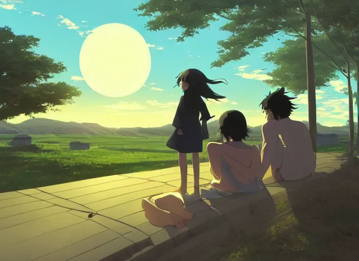 Image similar to a woman and man watching the sun set, anime scenery by Makoto Shinkai