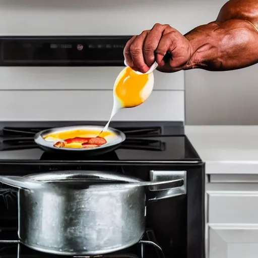 Prompt: Photo of a bodybuilder having a fit in the kitchen, slamming the frying pan onto the stove, eggs and sausage flying into the air.