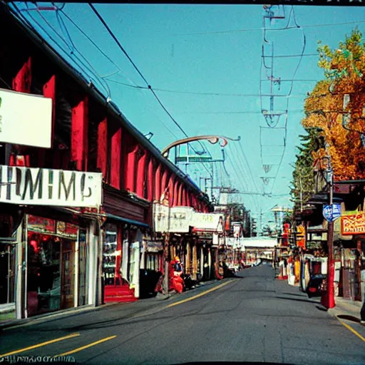 Image similar to award winning photo by fred herzog of a street in vancouver, shops, signs