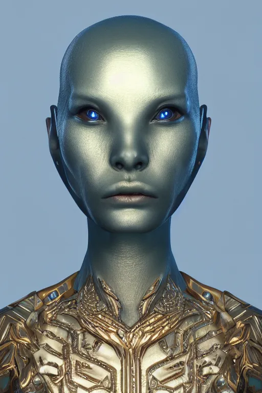 Image similar to symmetric hyper realistic elegant alien portrait, blue metallic skin, jewelry intricate details, unreal engine5, octane