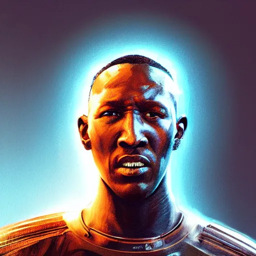 Prompt: mahershala ali portrait, dystopia core, apocalyptic, armor, warrior, dramatic, sharp focus, fiction, neon, fantasy, hyper detailed, digital art, trending in artstation, cinematic lighting, studio quality, smooth render, unreal engine 5 rendered, octane rendered, art style and nixeu and wlop and krenz cushart