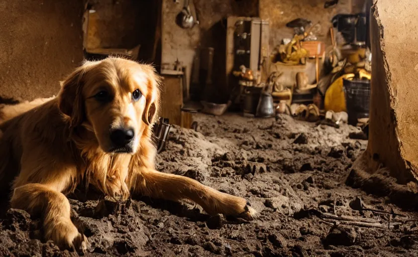 Prompt: a dirty golden retriever dog in a black western hat with many large gold nugget piles in a dark mine, dim moody lighting, wooden supports and wall torches and pick axes, cinematic style photograph