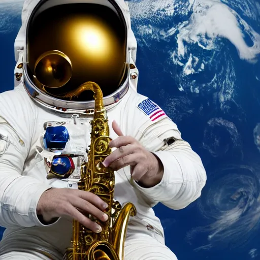 Prompt: high res an astronaut with a saxophone floating in space doing jazz improvisation with the earth in the background, 4k wallpaper photography