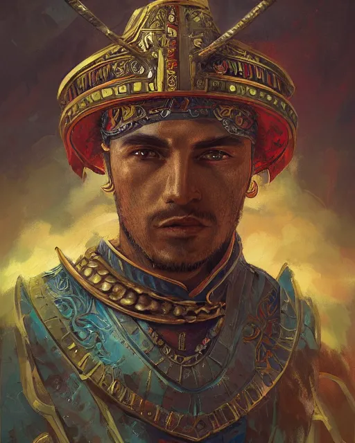 Image similar to illustration of a conquistador wearing ornate armor by anato finnstark and sangsoo jeong, treasure island movie color scheme, symmetric, facial features, portrait, digital painting, trending on artstation, masterpiece