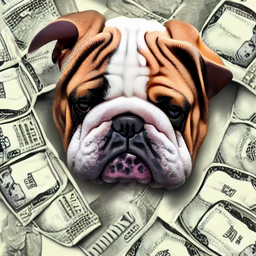 Image similar to english bulldog in pile of money, artstation