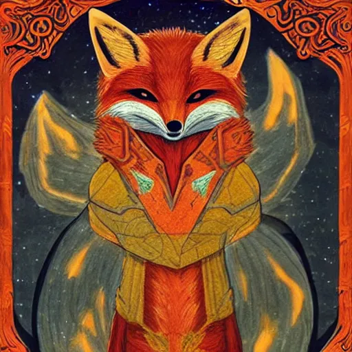 Image similar to Vulpine God of Trickery; An enormous fox with ancient glowing runes on its body and wearing a mask of wood resembling a fox's face