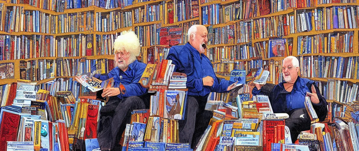 Image similar to an awesome jean giraud digital painting of robert anton wilson telling jokes at a local bookstore in the new age section