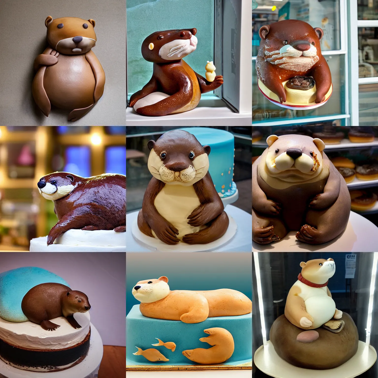 Prompt: cake sculpture of a fat otter relaxing on his back and eating fish, displayed in a bakery window, cake sculpture, otter - shaped cake, otter, food photography