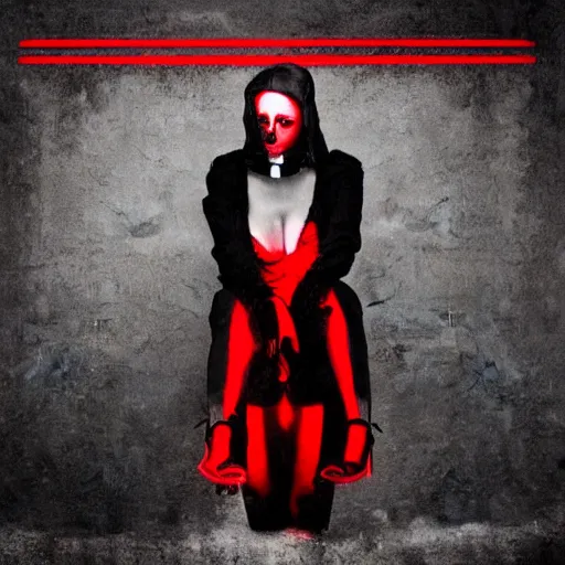 Prompt: music album cover artwork for an industrial electro song goth, black, red, offwhite, grainy, bleak, gloomy