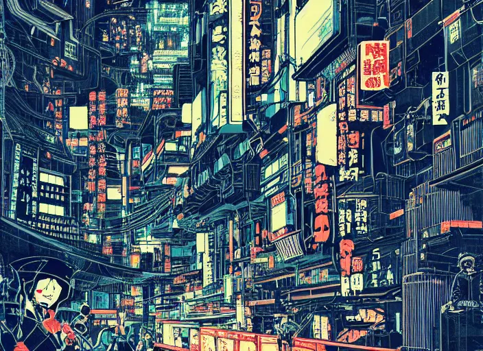 Image similar to futuristic japanese cyberpunk bladerunner silk screen by utagawa yoshiiku, ohara koson, pixiv contest winner, cyberpunk style, cyberpunk color scheme, mechanical, robotic, human machine interface, high resolution, hd, bold clear lines