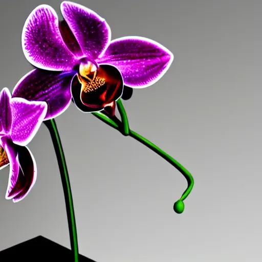 Image similar to metal orchid flower, futuristic reflective, shiny, high detail