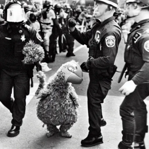 Prompt: a photo of big bird from Sesame Street being arrested at a riot