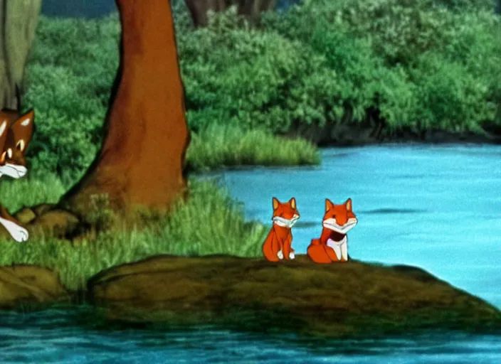 Image similar to sunningrocks by the river's shore, still frame from the fox and the hound ( 1 9 8 1 )