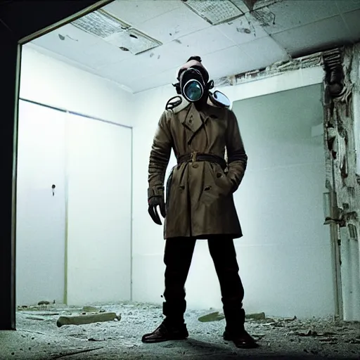 Prompt: UHD hyperrealistic photorealistic detailed image of a man in a rugged, worn trench coat wearing a gas mask, standing in front of an laboratory door, in a ruined and dark underground lab, readying himself for combat with a green/brown/gray undertone, inspired by the Stalker video game series