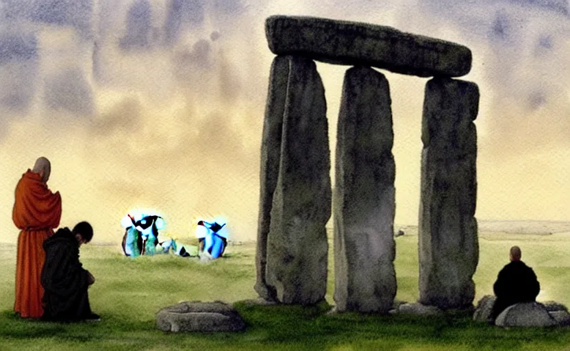 Prompt: a hyperrealist watercolour character concept art portrait of one small grey medieval monk and another giant orange medieval monk kneeling down in prayer in front of a complete stonehenge monument on a misty night. a huge stone is in the sky. by rebecca guay, michael kaluta, charles vess and jean moebius giraud