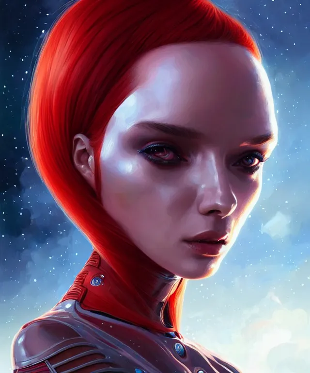 Image similar to futuristic bodycon spacesuit woman portrait, sci-fi, fierce eyes, long red hair, fantasy, intricate, elegant, highly detailed, digital painting, sharp focus, illustration, art by artgerm and greg rutkowski and WLOP