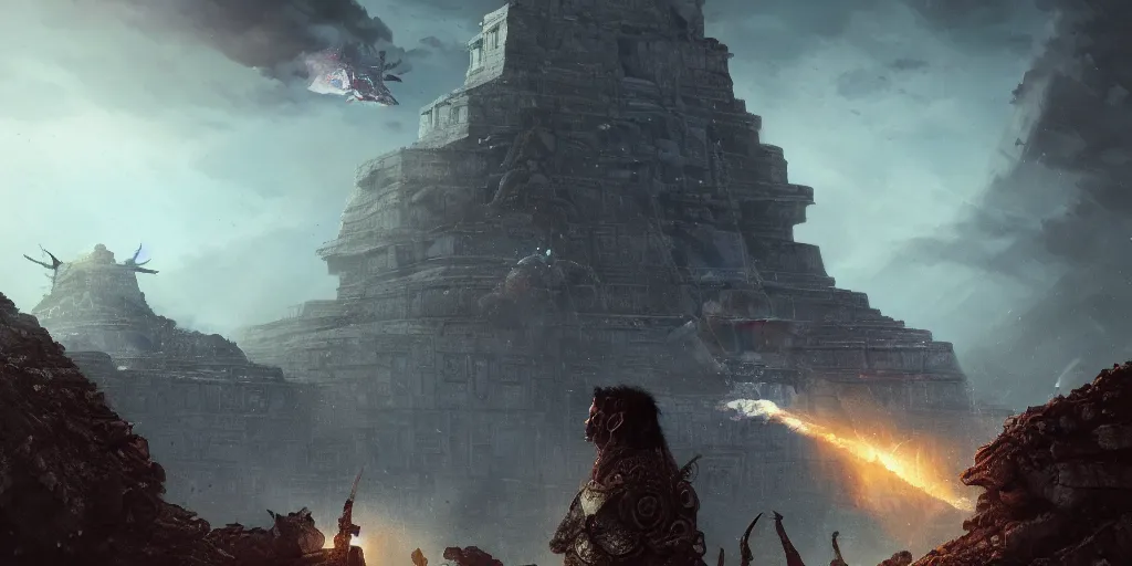 Image similar to A Mayan warrior watching ominous alien spacecraft flying above the Mayan temple. Intense dramatic epic sci-fi cinematic concept artwork in the style of Jacek Pilarski and Greg rutkowski and Sylvain Lorgeou. Trending on artstation