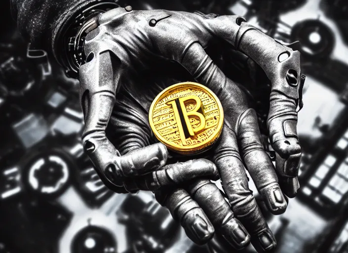 Image similar to mechanical cybernetic hands holding a coin that's worth 1 human soul, to be traded in hell. centered. horror cyberpunk dystopia style. highly detailed 8 k. intricate. nikon d 8 5 0 3 0 0 mm. award winning photography.