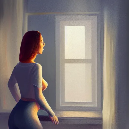 Image similar to oil painting of a beautiful woman in a cozy, comfort home, dimly lit, modern apartment, city from the window, insanely detailed, artstation, digital painting, cinematic lighting