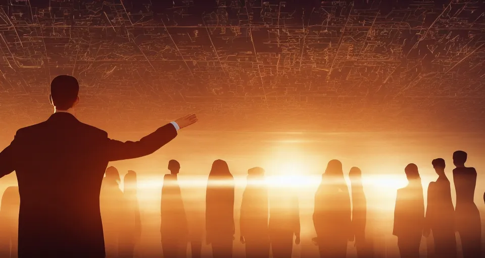 Image similar to Dramatic photo of a CEO waving goodbye to a group of silhouettes of his coworkers in a futuristic office. Golden coins are levitating all around them. 8k, high detail, trending on Artstation, volumetric lighting, cyberpunk