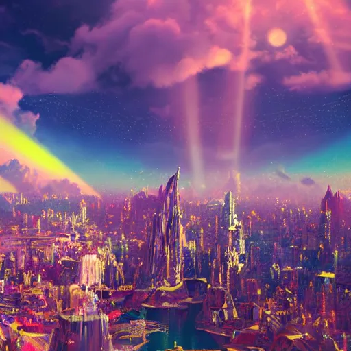 Image similar to cloud city made of multicoloured jewels, fantasy, fluffy clouds, sun rays reflecting off of city, cinematic, octane render, art station, dramatic lighting, beautiful moonlight night, concept art, rococo, photorealistic, intense detail, 8 k