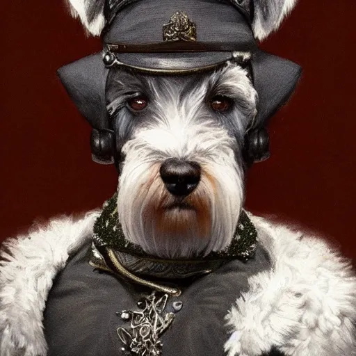 Image similar to portrait of stoic looking miniature schnauzer, military uniform, black fir, white eyebrows, fantasy, intricate, elegant, highly detailed, centered, dark, smokey, charcoal painting, digital painting, artstation, concept art, smooth, sharp focus, illustration, art by artgerm and greg rutkowski and alphonse mucha