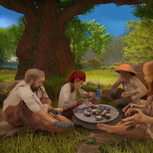 Prompt: a group of woobidoo\'s are playing with their dagnuggets by the jigidigi tree, detailed oil painting, a feeling of awe and inspiration, unreal engine 5