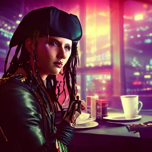 Image similar to a high quality portrait of a beautiful pirate in a cyberpunk cyberpunk cyberpunk cafe, realism, 8k, award winning photo