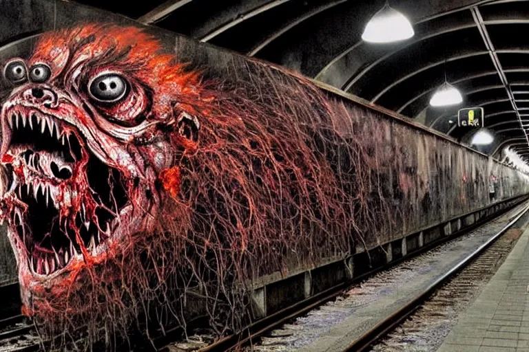 Image similar to very large giant mutant zombie irradiated ( angry rat ) staying on railways in tonnel of moscow subway. tonnel, railways, giant angry rat, furr, fangs, claws, very realistic. extreme long shot, 1 6 mm, rusty colors, anish kapoor, ( herman nitsch, giger ).