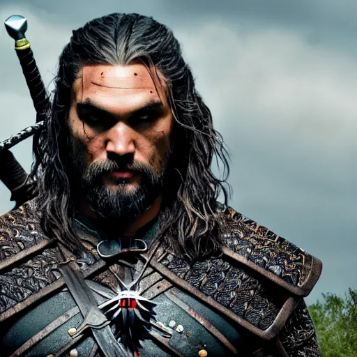 Image similar to photo of Jason Momoa as Witcher, from Witcher (2021), Netflix, portrait, medium shot, high-quality photo,