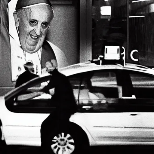 Image similar to pope francis carjacking a car in downtown new york outside a mcdonalds at 3am CCTV footage grainy black and white