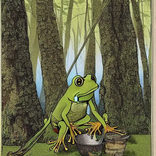 Prompt: frog with bucket hat squatting in the forest. plane in the sky far away. artwork by moebius, georges de la tour