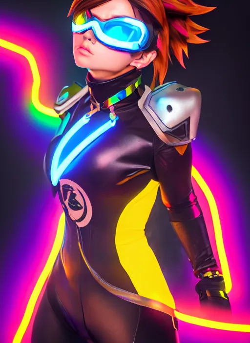 Image similar to full body overwatch style oil painting portrait of tracer overwatch, confident pose, wearing black jagged iridescent rainbow latex armor, rainbow, neon, 4 k, expressive surprised expression, makeup, wearing rainbow neon choker, studio lighting, black leather harness, expressive detailed face and eyes,