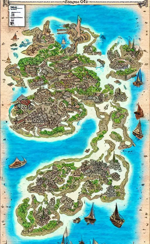 Image similar to dnd shore port town and docks on islands, hand painted and drawn map