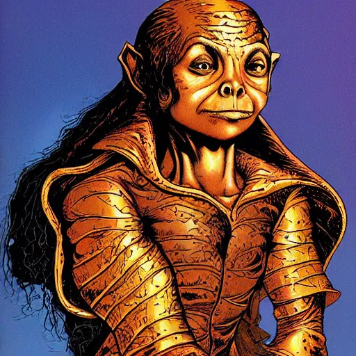 Prompt: portrait of ethereal young goblin princess in golden armour by Richard Corben